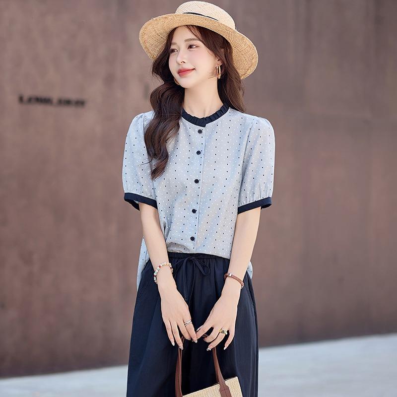 women polka dot ruffle neck blouse short sleeve color block trim casual button down shirt S синий