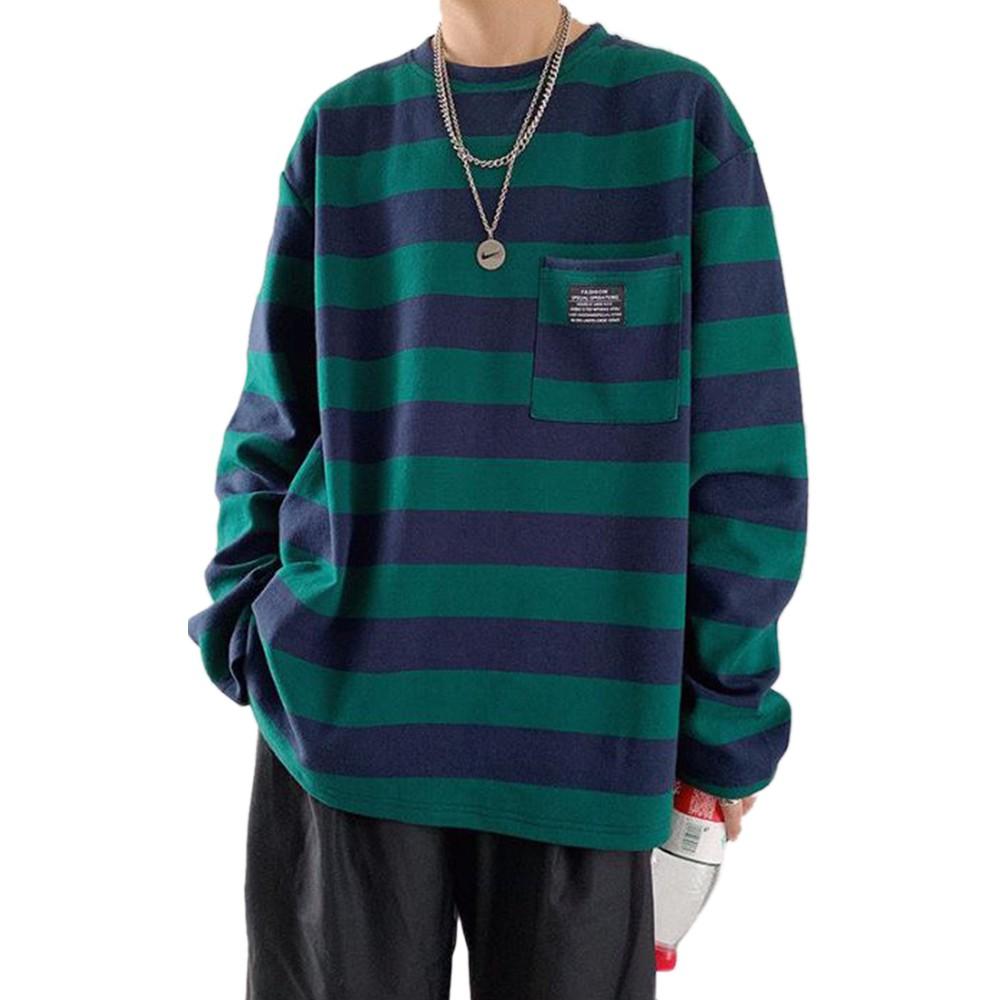 

Унисекс, женские и мужские полосатые топы, повседневные свободные футболки с круглым вырезом и длинными рукавами S зелёный