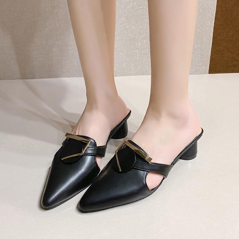 

Модные женские туфли-лодочки на высоком каблуке с острым носком, весна 2025, новая модная верхняя одежда, шлепанцы баотоу, туфли-мюли на толстом каблуке 35 чёрный