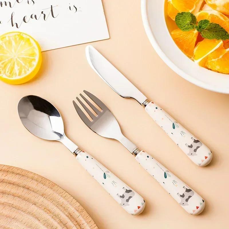 3pcs/lot Infant Spoon Fork Collection Stainless Utensil Children's Tableware Training Spoon Feeding Tableware Gentle Kitchen Accessories