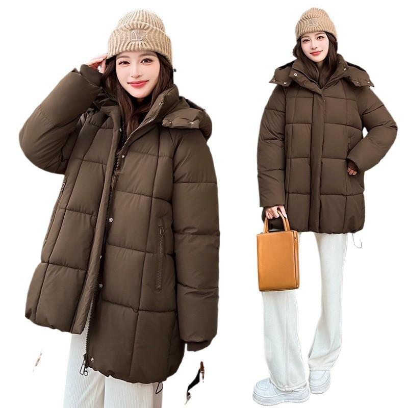 Womens Mid-Length Cotton Padded Coat With Hood Loose Fit Warm Winter Jacket In Solid Colors