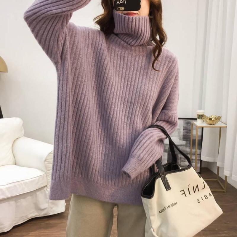 High Neck Loose Slouchy Style Ladies Sweaters Solid Colour Thickened Casual Peplum Knitted Bottoming Shirt Can Be Worn Outside Warm Tops