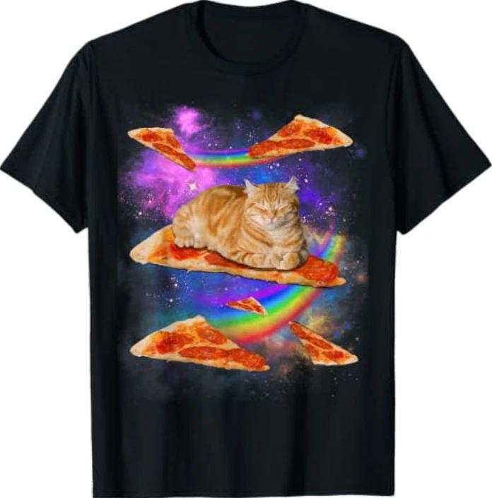 Funny Galaxy Cat in Space, Cat Riding Pizza T-Shirt 3XL