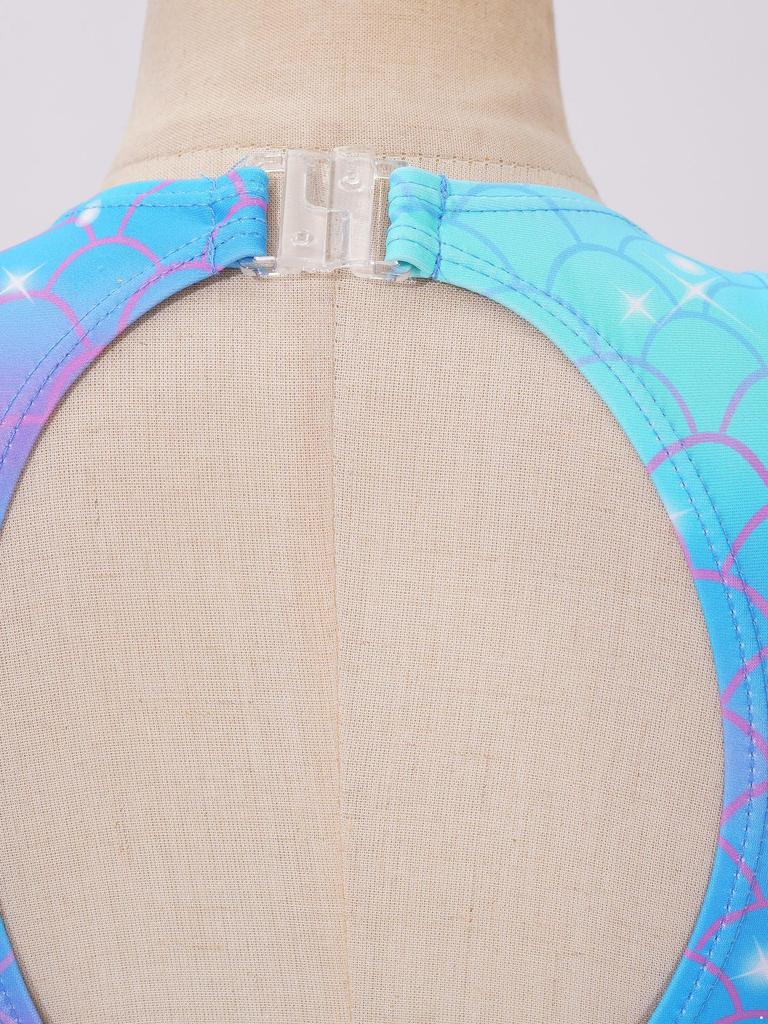 Girls Mermaid Bathing Suit Sleeveless Open Back Design Fish Scales Print Ruffle Jumpsuit Athletic Swimwear Set