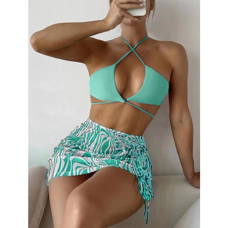 

Новый модный купальник бикини с пуш-апом, однотонный раздельный трехпредметный пляжный купальник, модный и сексуальный XL мятный зеленый