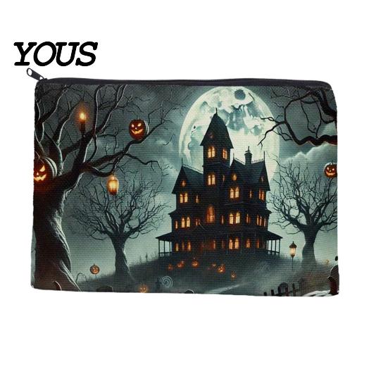Canvas Pencil Case Storage Bag, Halloween Pattern Print, Durable Zippered Organizer Travel Toiletry Case, for Makeup And Stationery Cosmetic Bag