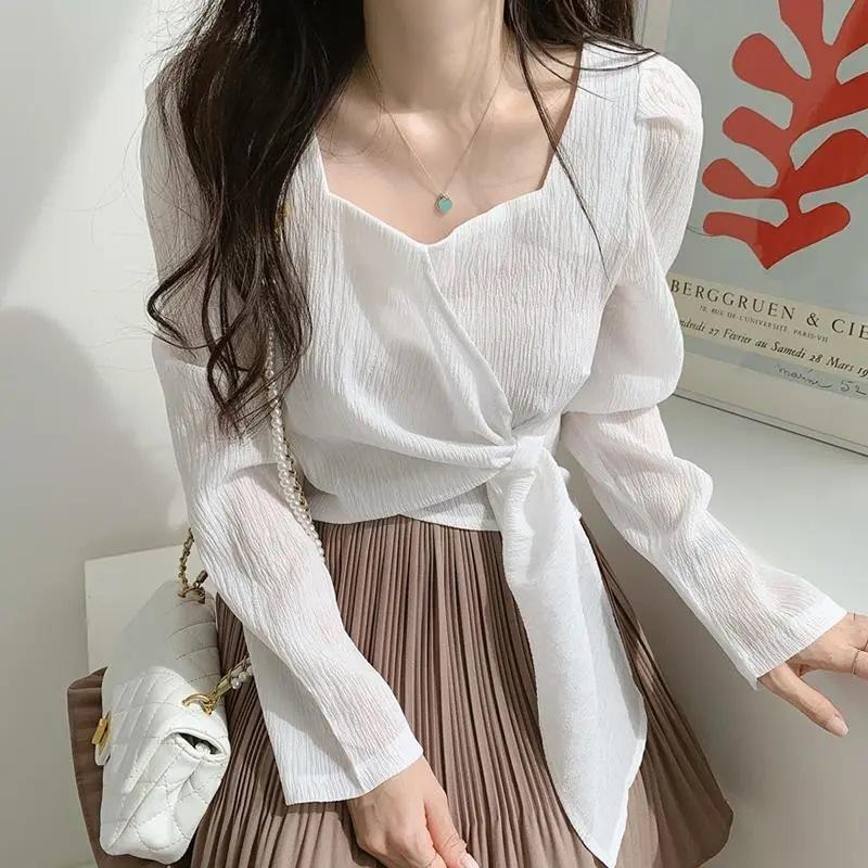 Spring and Autumn tops design sense niche Korean square collar bubble long sleeve straps thin temperament shirt women