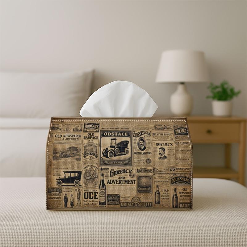 2D Flat 1pc Historical Vintage Decorative Old Newspaper Illustration Tissue Box with Storage Organizer for Home, Kitchen, Car, Spill-Resistant & Easy-