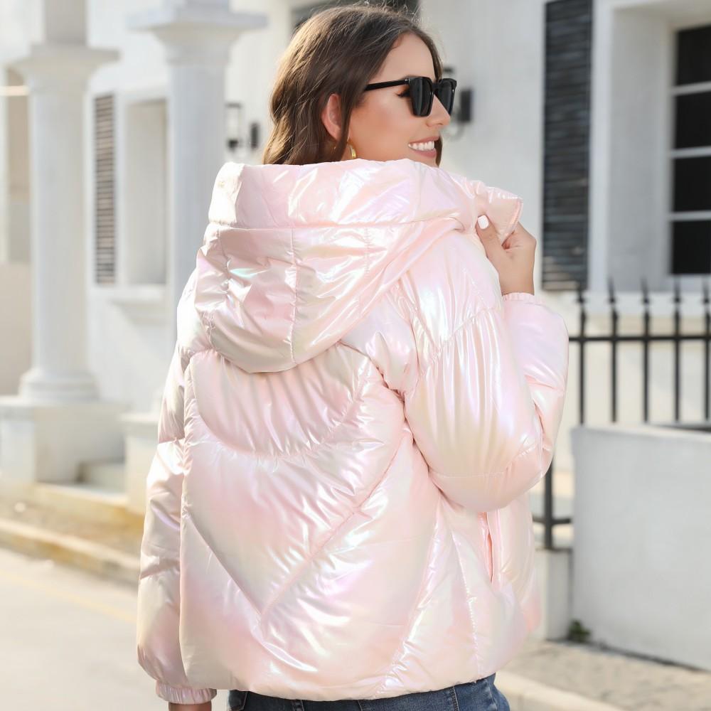 Autumn and Winter Women's Warm Plus Size Hooded Loose Short Bright Bread Clothing Jacket Casual Thickened Outerwear