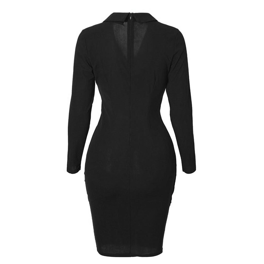 Women Solid Turn Down Neck Long Sleeve Casaul Work Formal Dress