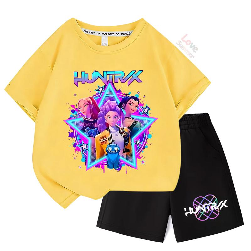 Sommer-T-Shirt Zweiteiliges Set Kinder Oberteile Mädchen Huntrx KPop T-Shirts Devil Hunter Mädchengruppe Bedrucktes Kurzarm-Shorts-Set
