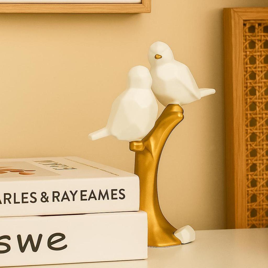 Ceramic Couple Birds Statue for Home Decor - Aesthetic Showpiece - Decorative Sculpture for Home Decor & Office Decor - 18x3x22 CM, White and Gold