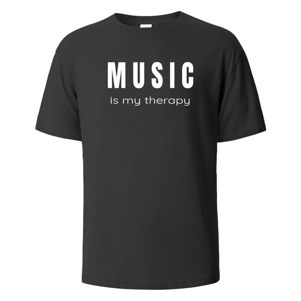 Musik är min terapi Tryck T-shirt Casual Kortärmade Toppar Sommar T-shirts För Män Kvinnor 100% Bomull O-hals Oversize Streetwear Topp