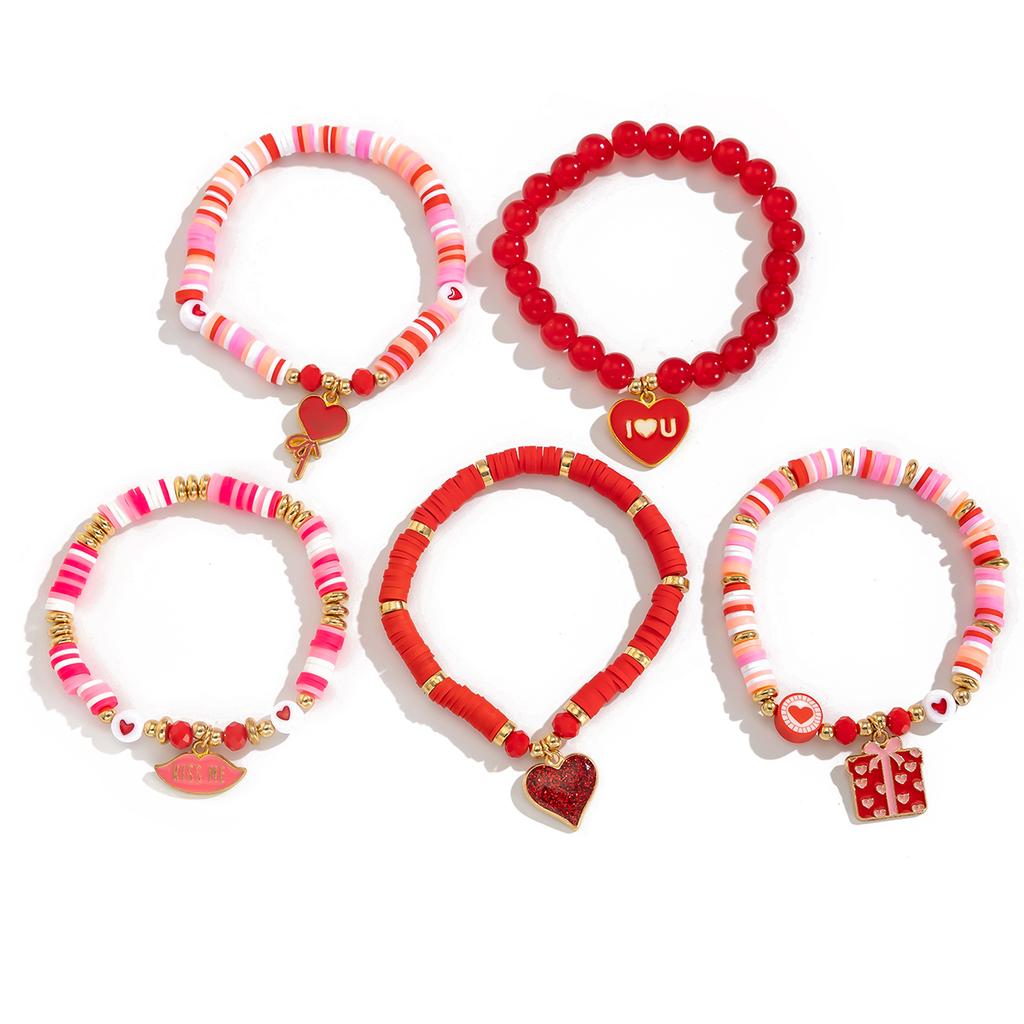 Ingemark 5Pcs/Set Christmas Sweet Romantic Red Heart Pendant Bracelets for Women CCB Elastic Chain Bangle New Year Party Jewelry