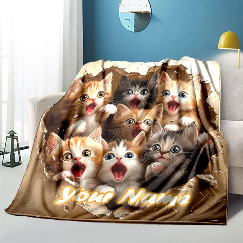 1PC Custom Name Kittens Through Wall flannel blanket versatile, all-season throw suitable for the living room, bedroom, camping, travel, and gift