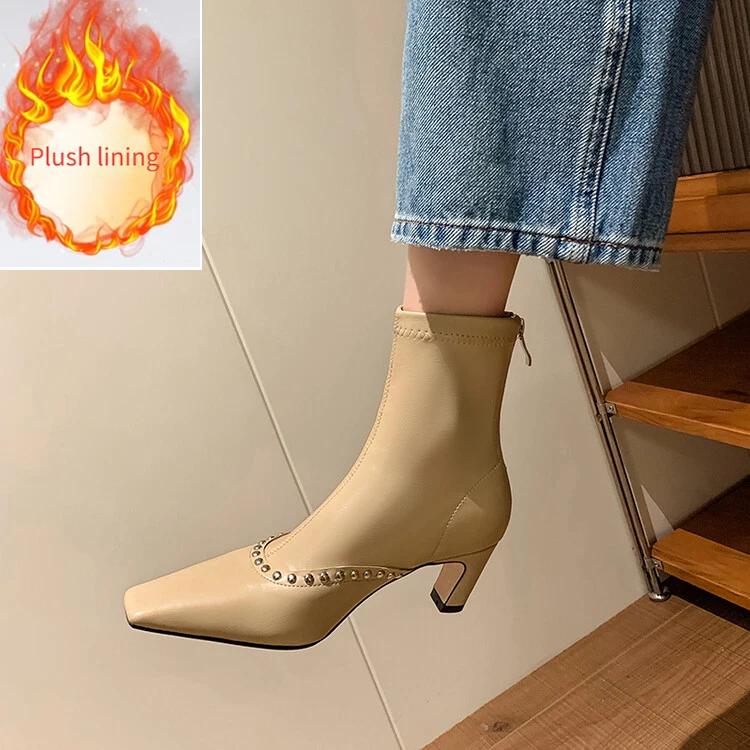 Fashion New Cowhide/suede 6.5cm High Heel Elastic Slimming Boots Autumn Winter Women Pearl/Rivet Style Fashion Ankle Boots Size 34-42