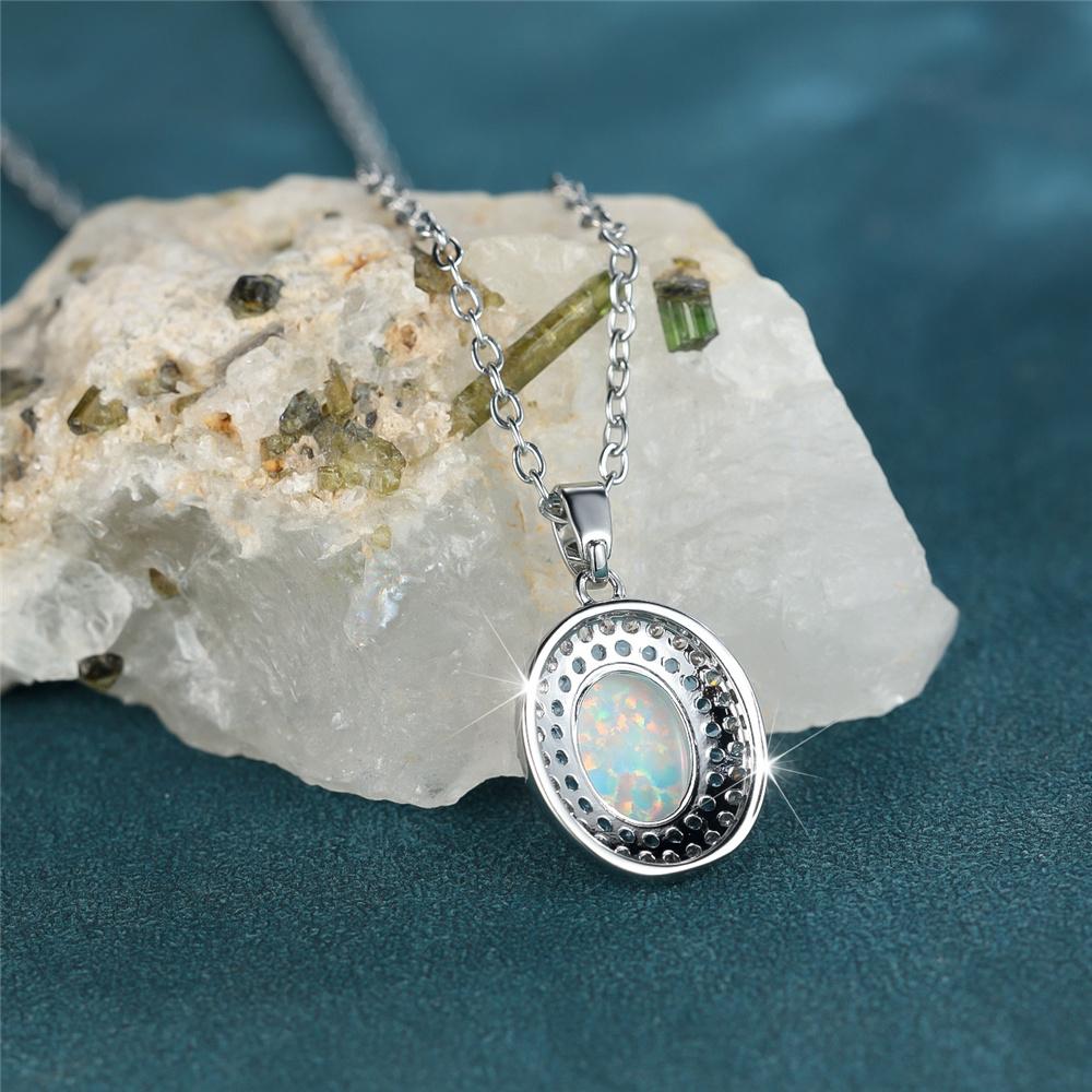 Female White Crystal Opal Oval Stone Pendant Necklace Vintage Silver Color Wedding Jewelry For Women