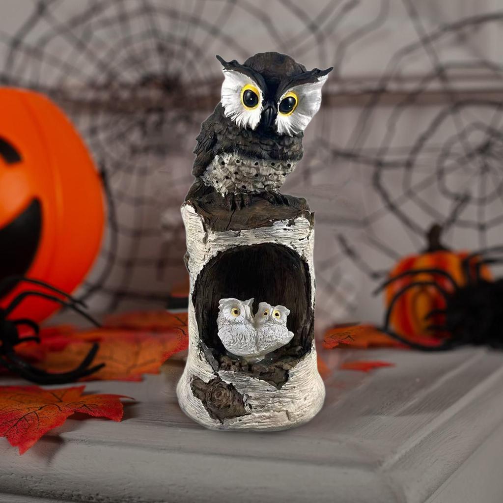 Halloween Resin Solar Simulated Owl Standing On Tree Stump Night Light Craft Ornaments