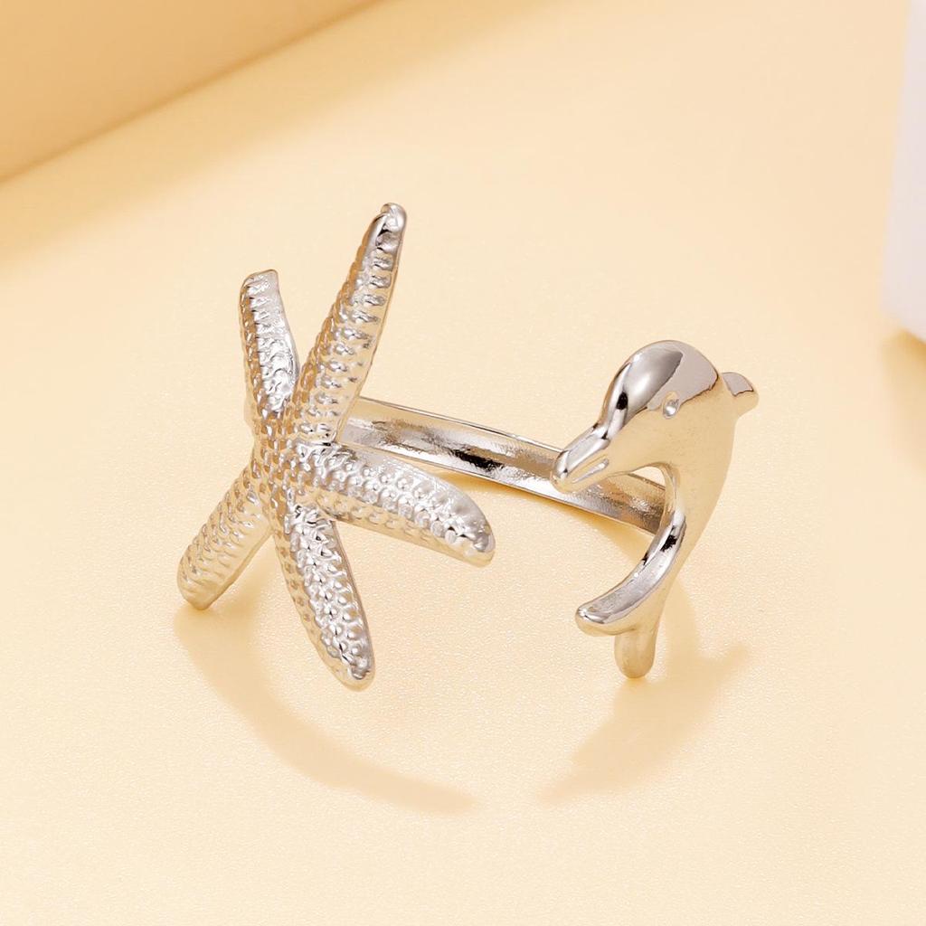 Stainless Steel Marine Animal Ring for Women - Starfish & Dolphin Design, Adjustable Size
