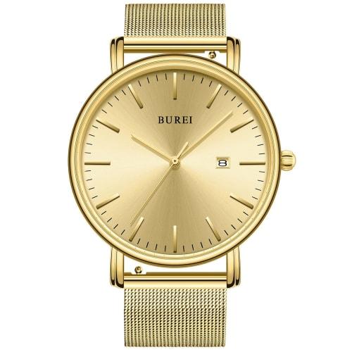 BUREI Men's Watch, Simple, Waterproof, Analog, Popular, Stylish Milanese Design with Mesh Strap and Gold Strap