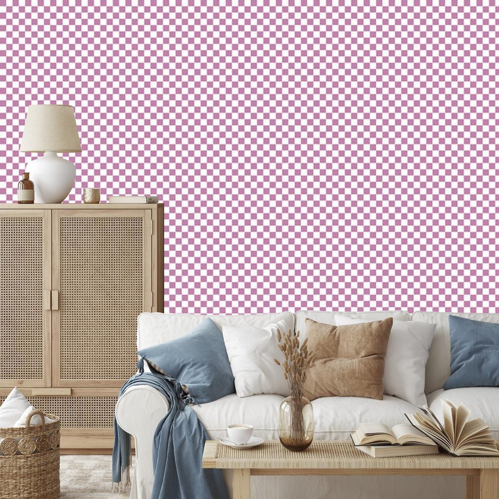 Checkerboard wallpaper powder pink, white and purple 50x1000