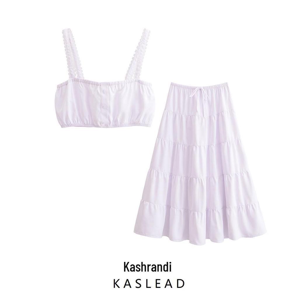 Spring 2025 Women's Fashion: European & American Style Poplin Short Top with Midi Skirt