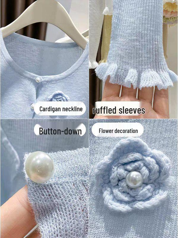 Korean Style Blue Ice Silk Knitted Sunscreen Cardigan & Floral Ruffle Shawl for Summer Women - Sleeveless Outerwear Cover-up Dress