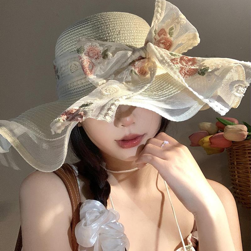 Sweet Cute Lace Edge Straw Hat For Women Spring Summer Bowkont Large Brim Sunshade Caps  Foldable Beach Cap Gifts