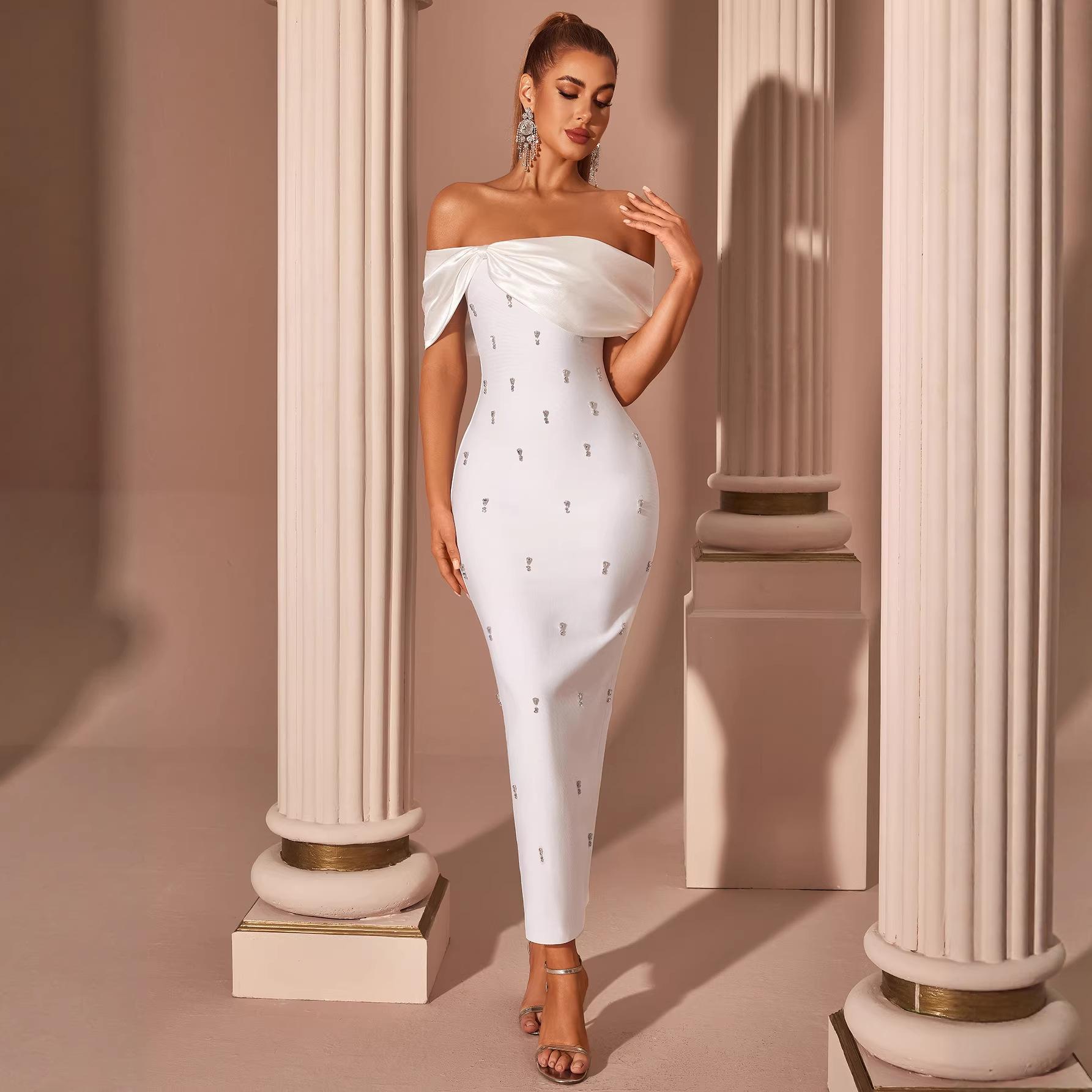 2025 European and American new fashion temperament elegant off-the-shoulder light luxury hot diamond elegant temperament dress dress XS белый