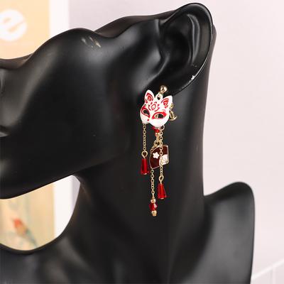 Boucles d'oreilles vintage en forme de masque de renard pour femmes, bijoux en forme d'animaux mythologiques, pendentif en forme d'éventail, pompon, clip d'oreille, cadeaux