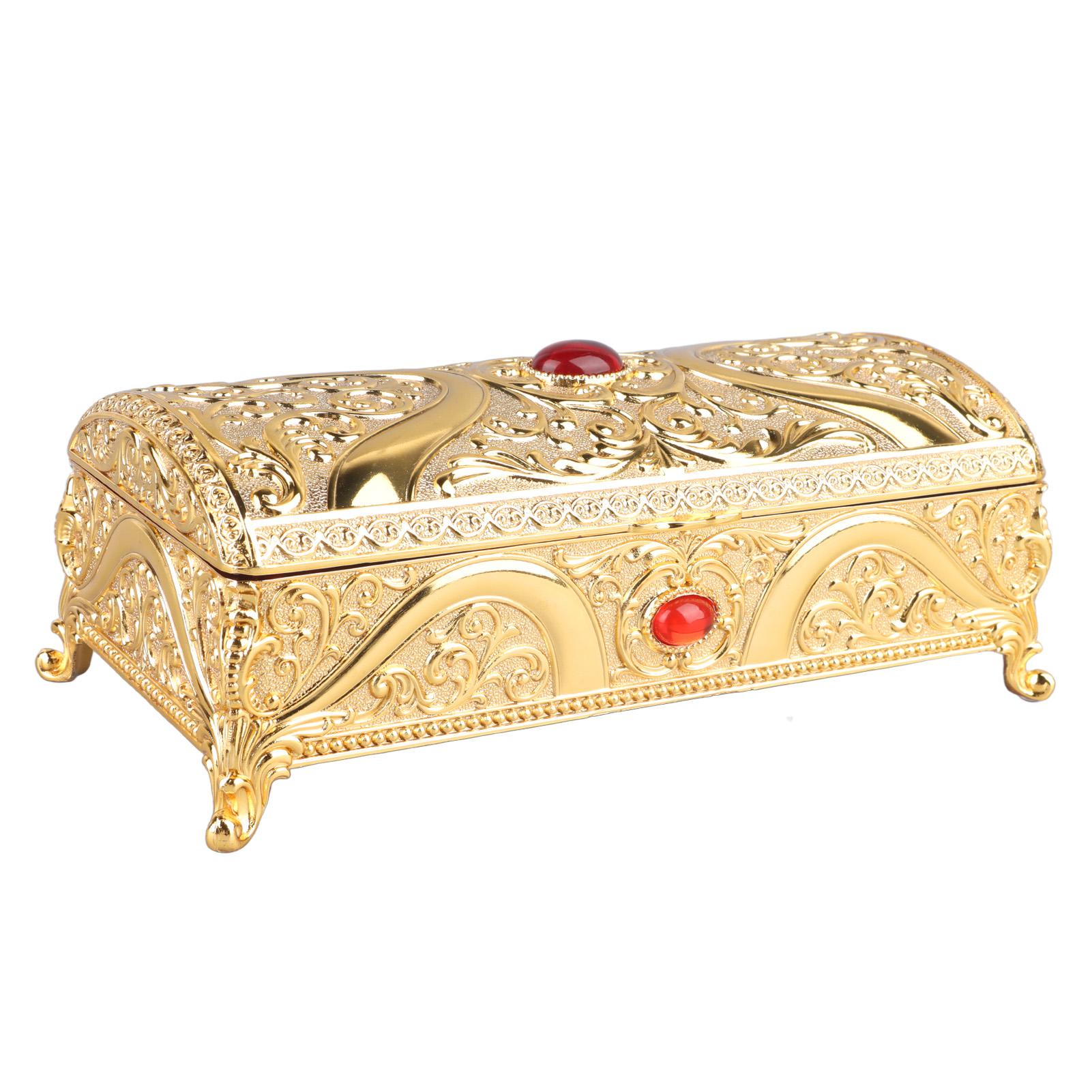 

Винтажная металлическая шкатулка для украшений, прямоугольная, с нежным узором, шкатулка для безделушек с мягким бархатом для колец золотой