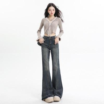 New Chinese Style Women's Straight-Leg Flare Jeans: Autumn High Street Loose Wide-Leg Floor-Length Pants
