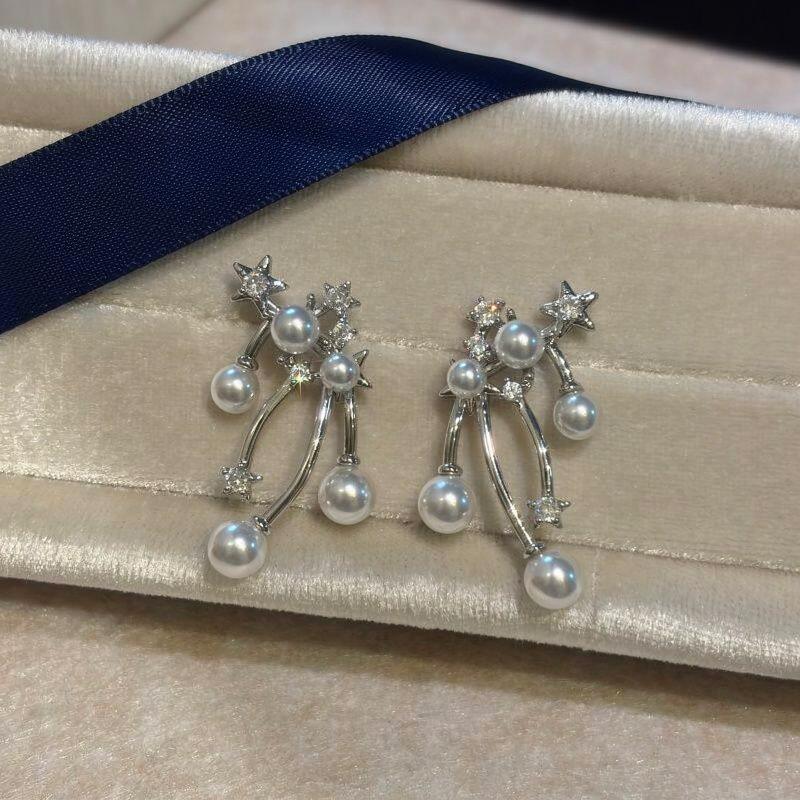 Silver Needle Zircon Star Pearl Pendant Earrings Light Luxury Premium Temperament Earrings Personality Fashion Versatile Earrings Women