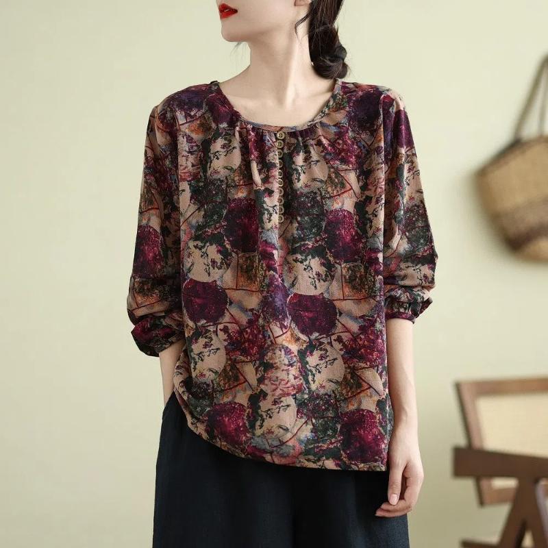Stile Cinese Vintage Autunno Inverno Donna Scollo a O Bottoni Stampa Semplicità Moda Manica Lunga Larghi Pullover Magliette Top