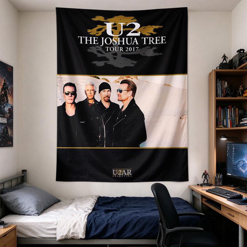 U2 Joshua Tree Tour 2017 black poster with the Joshua tree silhouette and a band photo below on white sand, vivid retro, Room Decor Accent