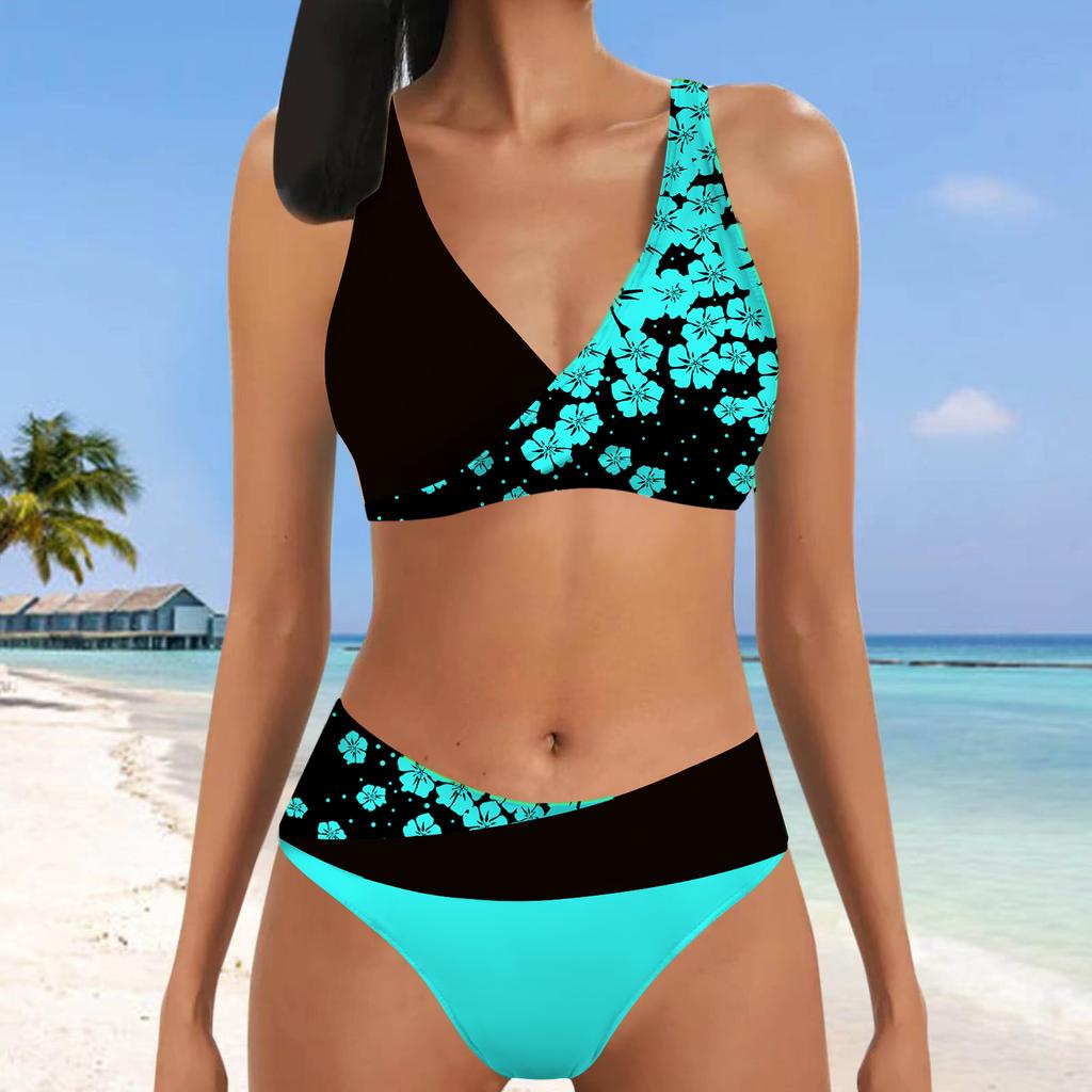 Women's Shoulder Strap Swimsuit Half Sided Black and White Cherry Blossoms Print Bikini Tankini Swimsuit