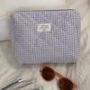 Women Checkered Makeup Bag Large Capacity Cotton Makeup Brushes Storage Bag Soft Fabric Clutch Handbag Cute Travel Toiletry Bag