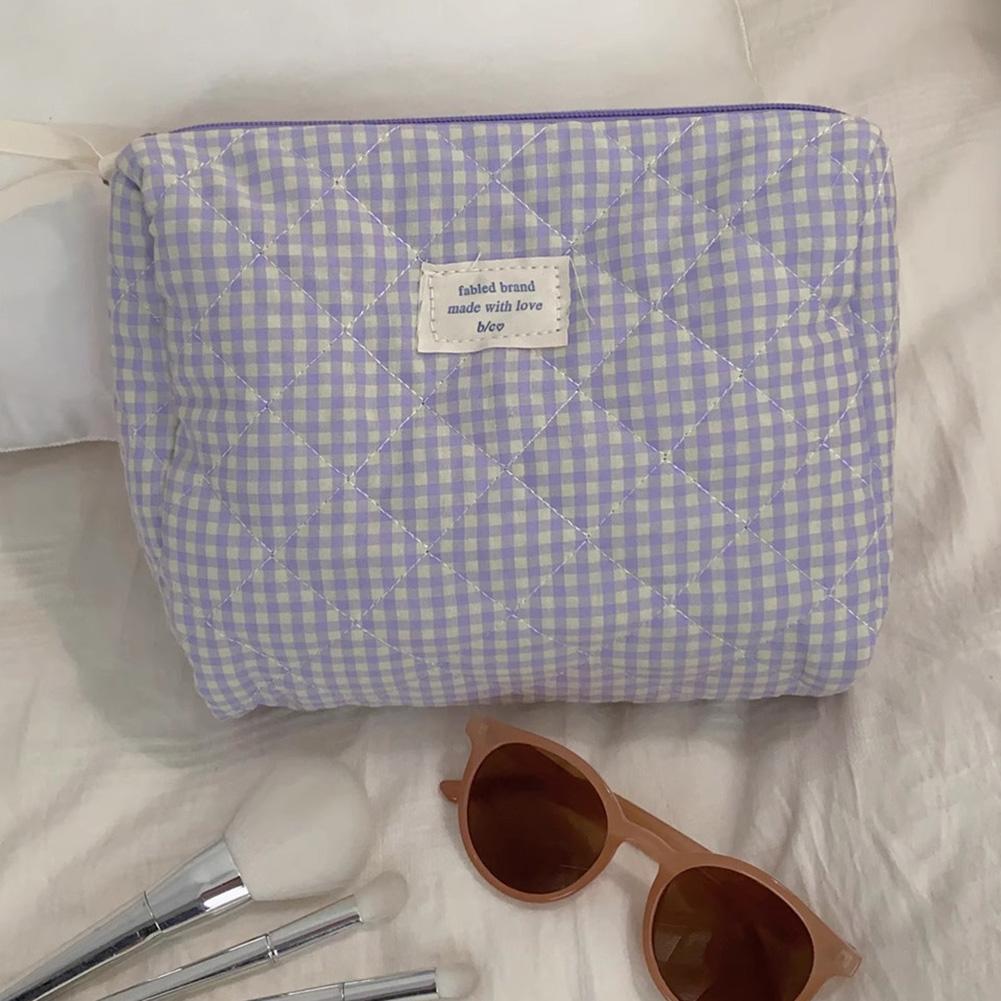 Women Checkered Makeup Bag Large Capacity Cotton Makeup Brushes Storage Bag Soft Fabric Clutch Handbag Cute Travel Toiletry Bag
