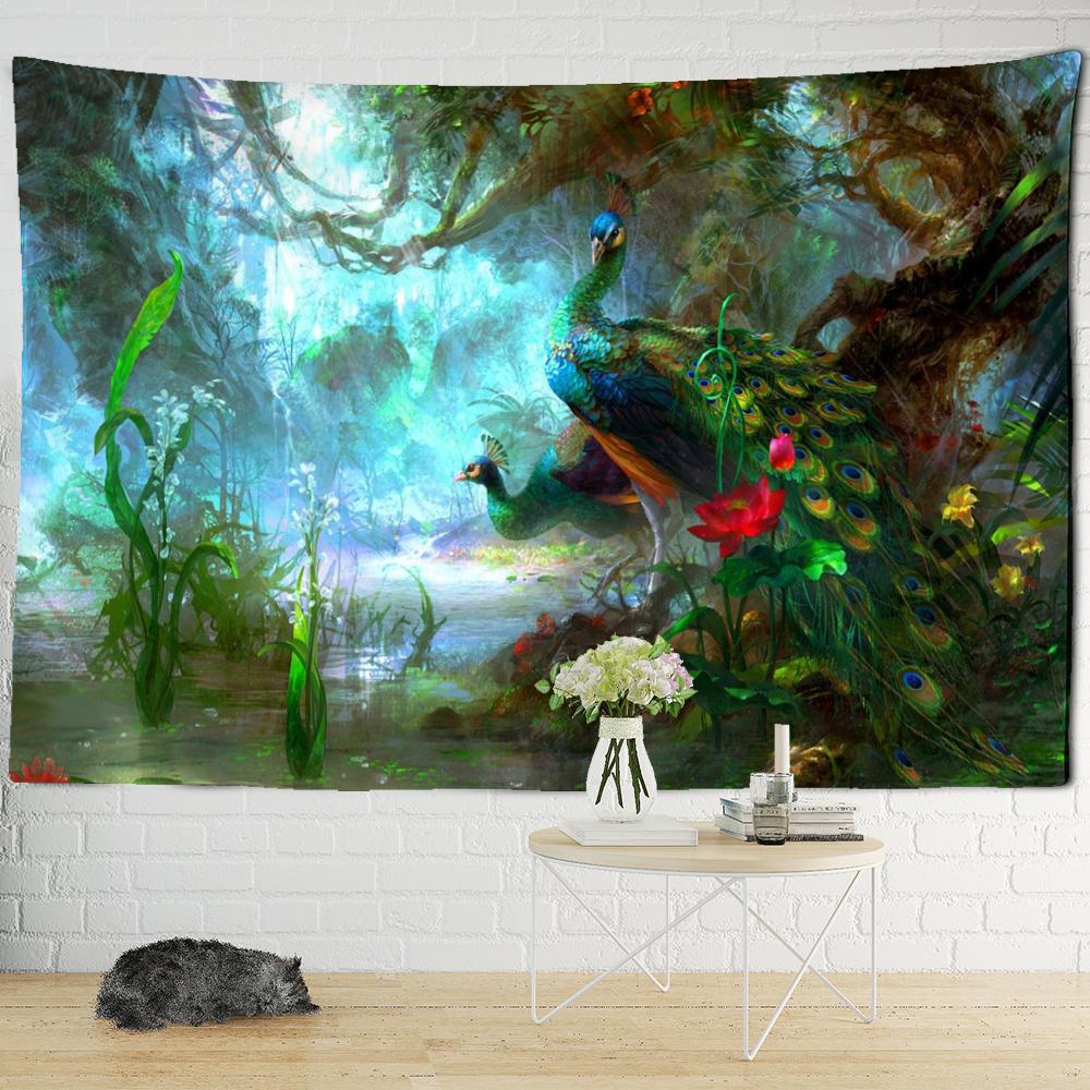 Tropischer Regenwald-Pfau-Wandteppich, Wandbehang, böhmischer Stil, Kunst, Landschaft, Tierästhetik, Zimmer, Wohnkultur