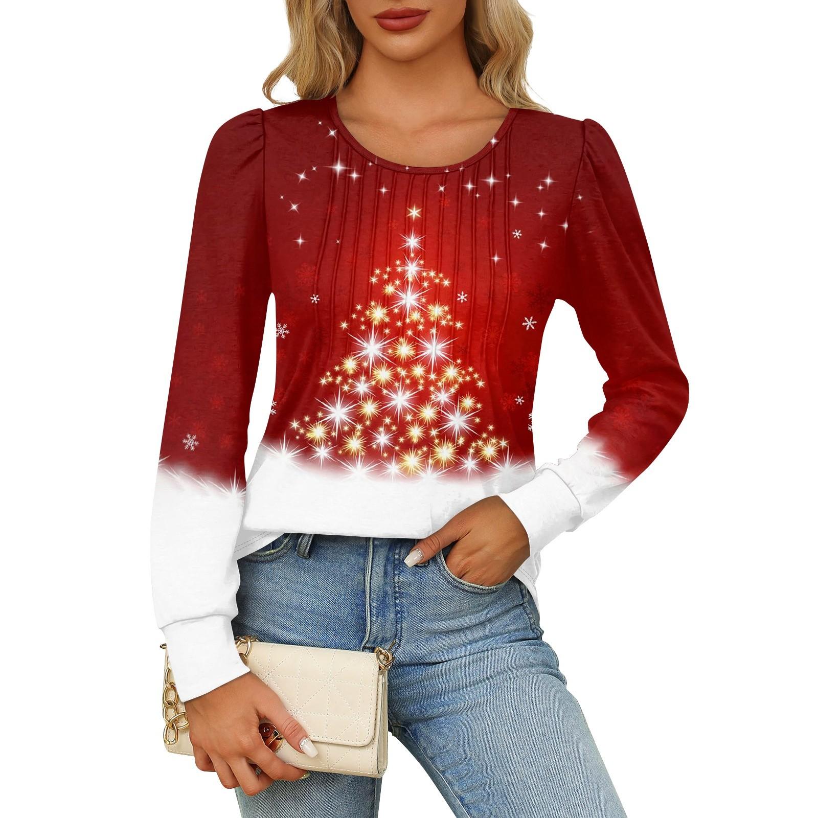 

Рубашки с длинным рукавом для женщин Милые принты Графические футболки Блузки Нарядные повседневные блузки Плиссированные туники с круглым вырезом Топы Рождество L красный