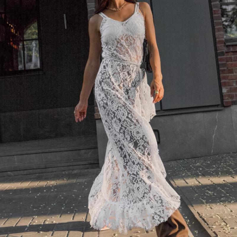 Summer New Sexy Lace Strap Sheer Dress With A Stylish Ruffle A-Line Skirt For Women