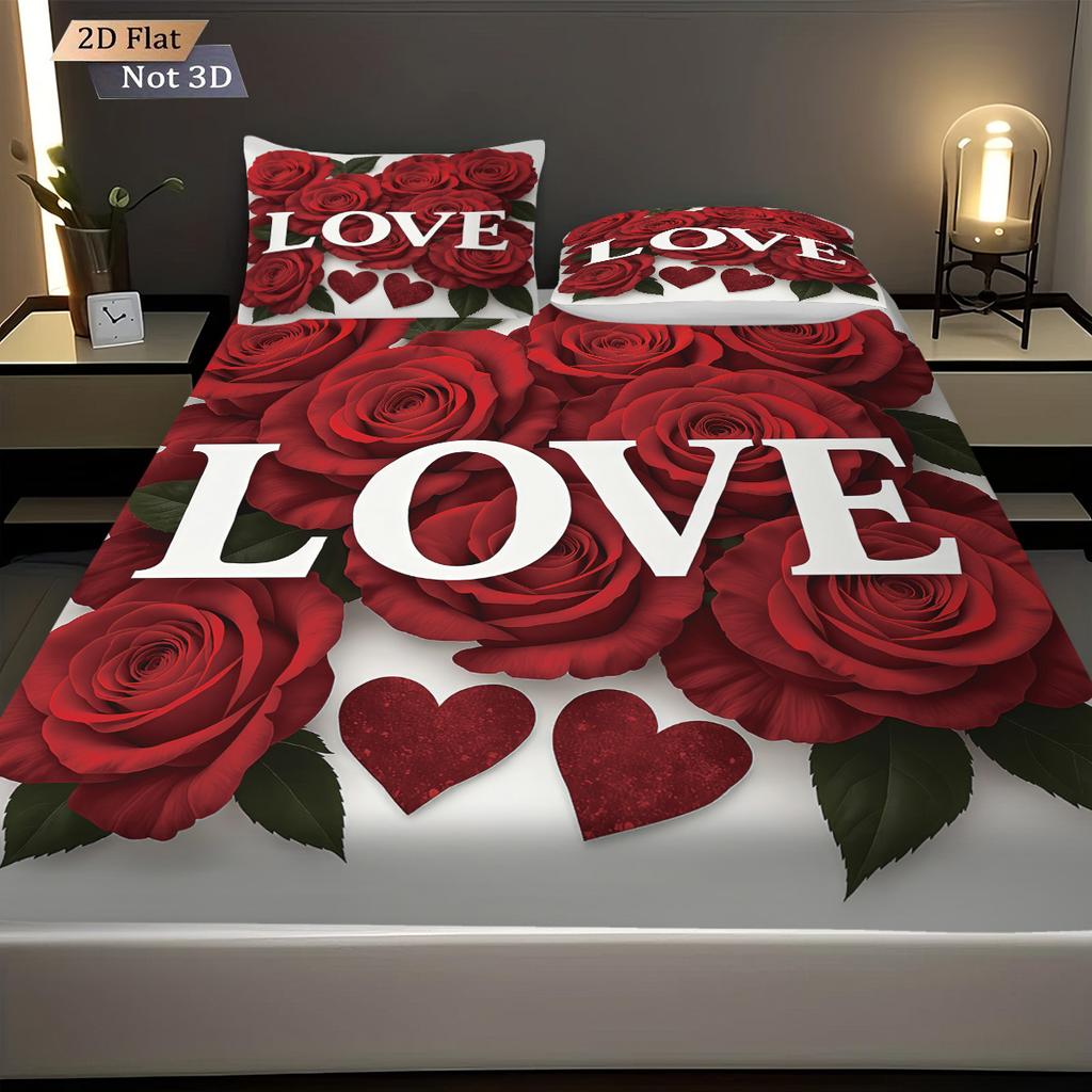 3pcs Valentine's Day Red Rose Print Coreless Bed Sheet Set Multi Size Soft Bedcover Bedroom Bedding Decoration Machine Washable