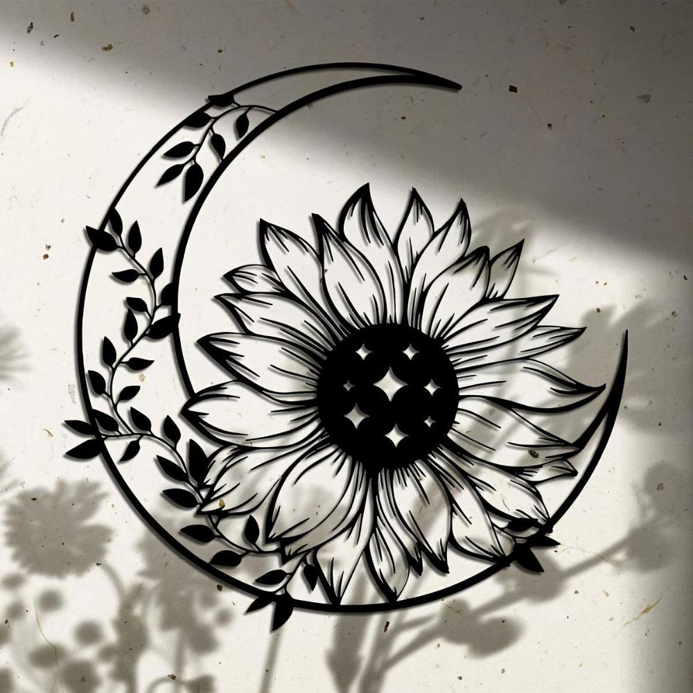 Sunflower Metal Wall Art Intricate Blackwork Crescent Moon Sun Design Home Patio Balcony Decor Housewarming Gift