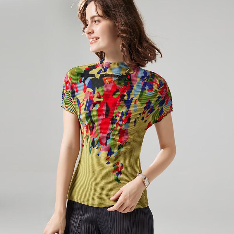 Women s Elegant Semi-High Neck Pleated Geometric Print Short Sleeve Top One Size