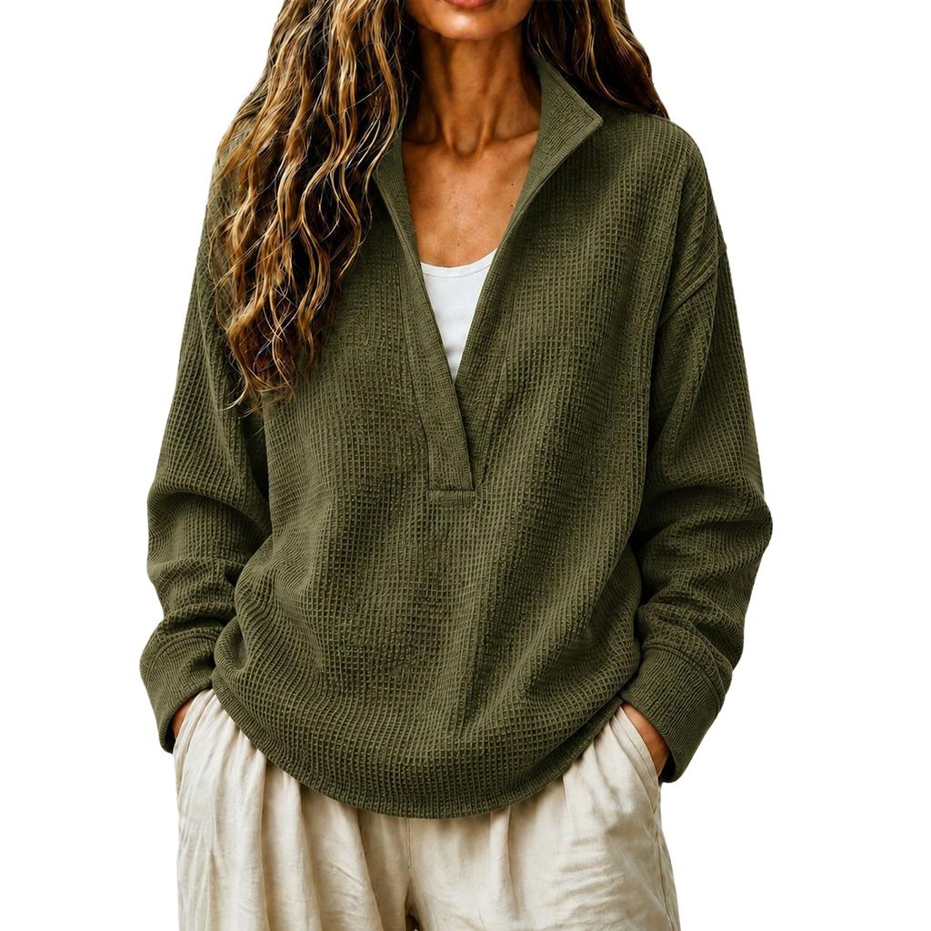 Women's Knit V-Neck Long Sleeve Sweatshirt Loose Fit Casual Pullover Top for Everyday Wear