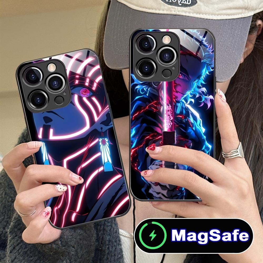 Demon Slayer Colored Neon Phone Case for iPhone 16 15 14 13 12 11 Pro Max Plus Mini MagSafe Wireless Charging Glass Phone Cover