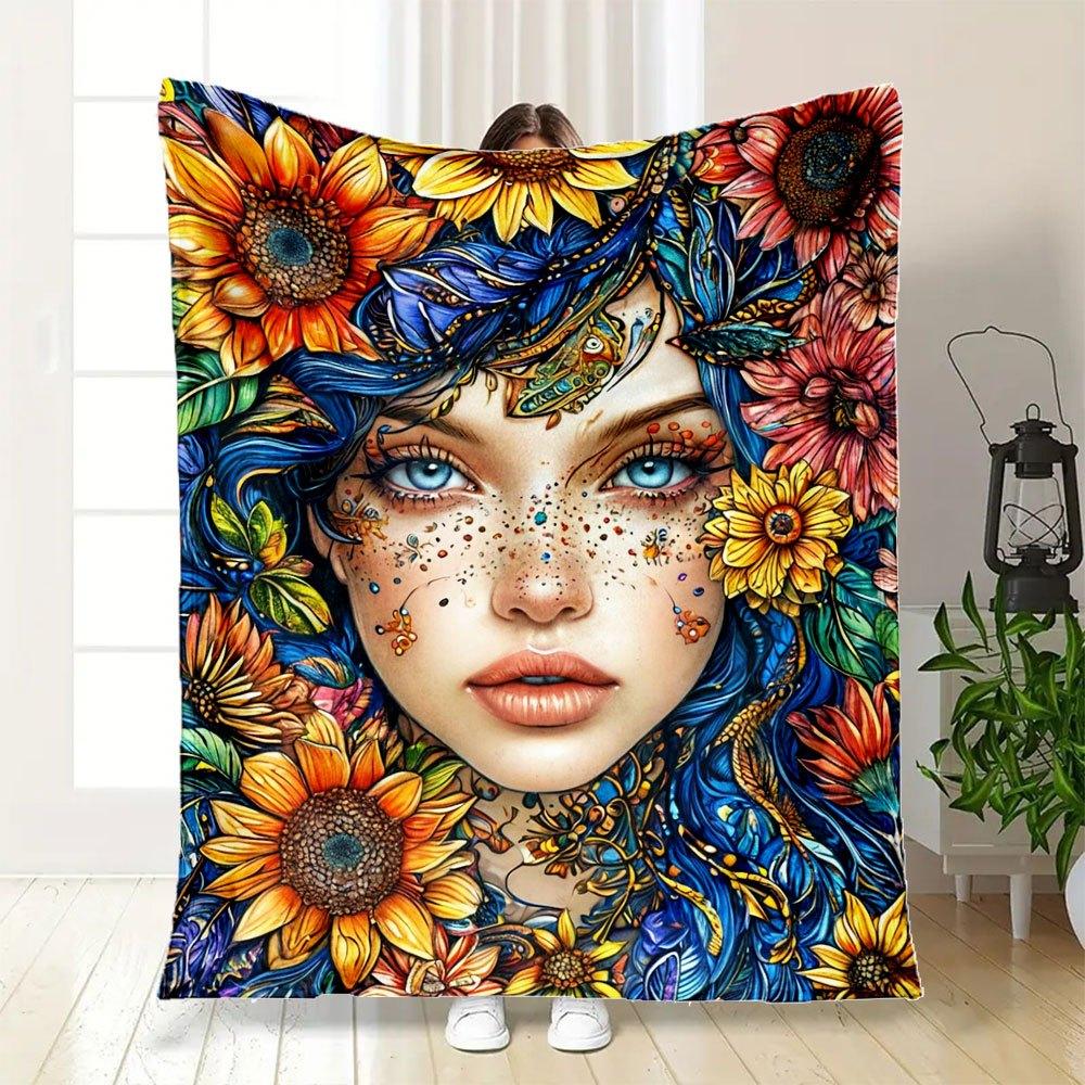 "Bohemian Floral Fantasy Women's Dress"Blanket Flannel Throw Blanket for Sofa, Bed, Travel, Camping, Office, Couch, Chair, And Bed Gift for