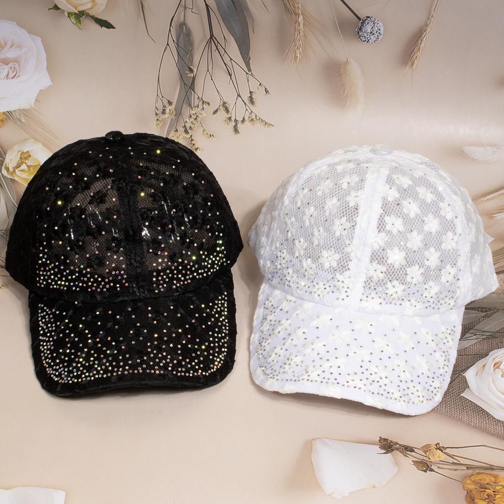 Shiny Rhinestone Lace Flower Baseball Cap Hollow Out Breathable Adjustable Ladies Spring Summer Hats