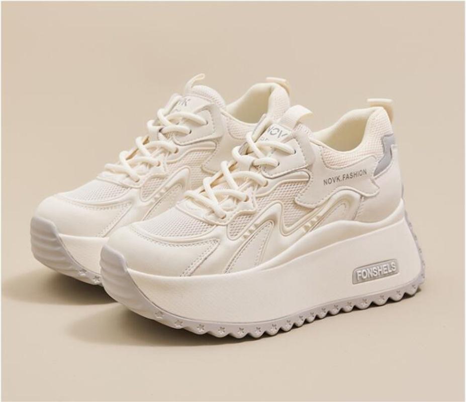 Autumn 8Cm Mesh Microfiber Vulcanize Chunky Sneaker Lace Up Shoes Fashion Synthetic Leather Flats Platform Wedge Women Ladies