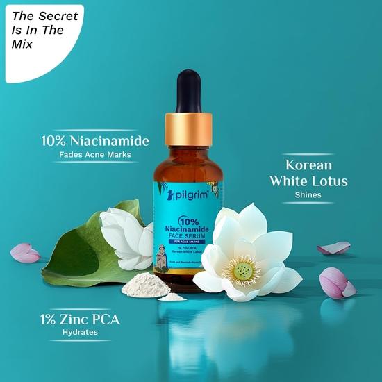 Pilgrim 10% Niacinamide Face Serum For Acne Marks 30ml | Rozjaśnia niedoskonałości i ciemne plamy | Kontrola wydzielania sebum | Wszystkie rodzaje skóry | Kobiety i mężczyźni |
